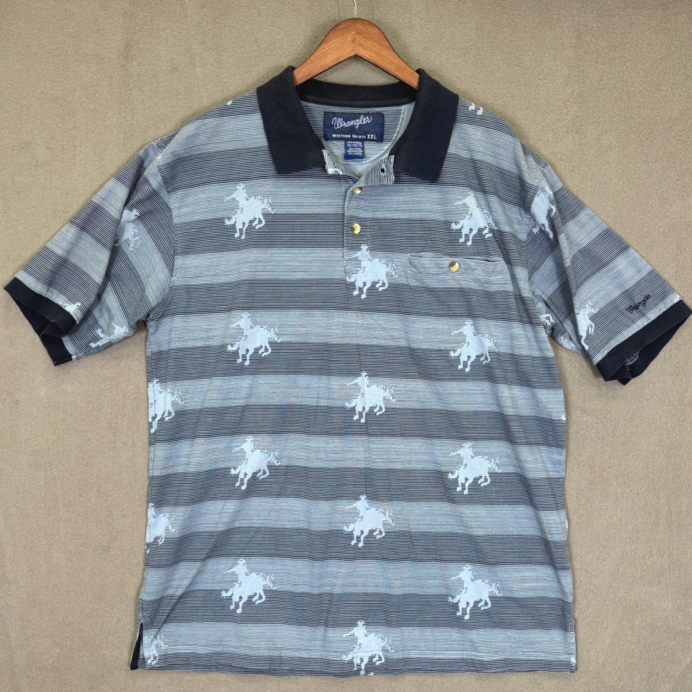 Wrangler Western Polo Shirt Men 2XL Blue Gray Bronc Rider Cowboy Workwear Top